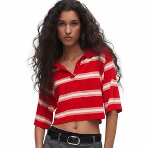 Mango Red and White Striped Polo Style Cropped Top Size S NWT